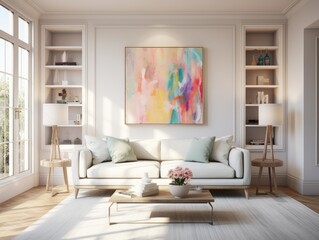 Wall Mural - A living room with a couch and a coffee table. Generative AI.