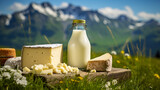 Milk and cheese on a green meadow with mountains in the background