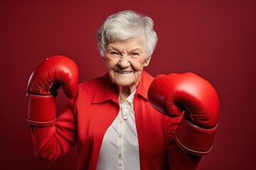 Wall Mural - Old woman wearing red boxing gloves.