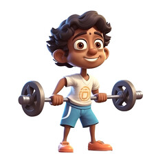 Sticker - 3D Render of a Little Boy lifting a barbell on white background