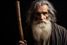 Portrait Of Biblical Old Man Holding A Stick In His Hand.