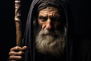 Wall Mural - Portrait of biblical old man holding a stick in his hand.