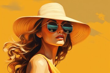 Wall Mural - Pretty woman in summer wearing sunglasses and a hat.