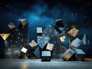 Wall Mural - Art, a sculpture of cubes sitting on top of a cement floor. Generative AI.