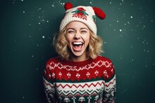 Smiling Woman In Ugly Christmas Sweater.