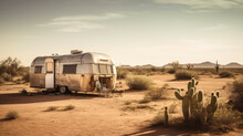 Old Style Retro Caravan Abandoned In The Desert With Sand And Cactus.