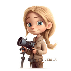 Poster - 3D rendering of a cute little girl with a camera on a white background