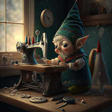 Fantasy Woman Gnome In Green Clothes Sewing On Machine Near Window At Home. Handmade Concept. AI Generative