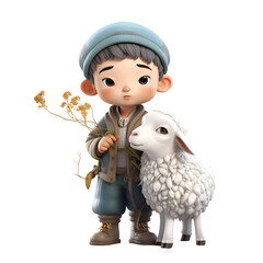 Poster - 3d illustration of a boy and a sheep on a white background