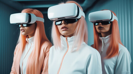 Poster - Group of beautiful woman wearing virtual reality headsets, Futuristic glasses.