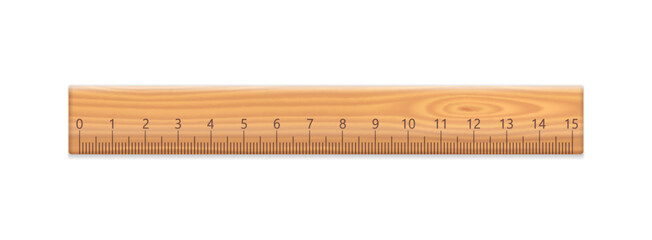 Wooden ruler with centimeter scale. School tool for measuring size, height, length. Wood bar with millimeters scale and numbers up to 15, vector realistic illustration isolated on white background