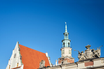 Sticker - Stone carvings with a historical coat of arms and a tower of the Renaissance town hall in Poznan