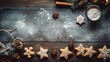 Kitchen accessories and Christmas decorations. Christmas concept, making holiday cookies. The view from the top