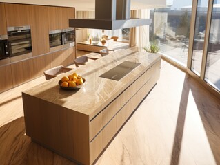 Poster - A large kitchen with a center island and a bowl of fruit on the counter. Generative AI.