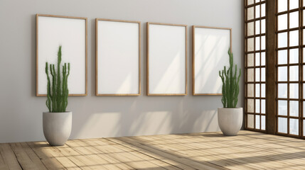 Poster - Interior empty room with big three wooden frames and plant.