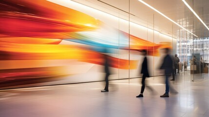 Wall Mural - A group of people walking through a lobby. Generative AI.