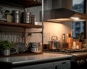 Canvas Print - A kitchen with pots and pans on the stove. Generative AI.