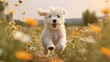 Furry small dog running through the field. AI generated.