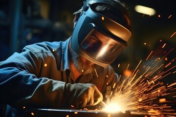 Poster - welder, Man welds at the factory.