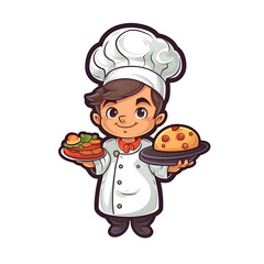 Poster - Cartoon chef holding a plate of food. Vector illustration on white background.