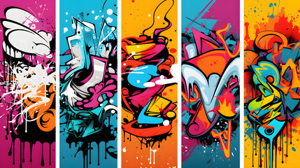 Abstract graffiti poster with colorful tags, paint splashes, scribbles and throw up pieces. Street art background collection. Artistic covers set in hand drawn graffiti style. 
