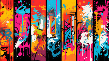 Abstract graffiti poster with colorful tags, paint splashes, scribbles and throw up pieces. Street art background collection. Artistic covers set in hand drawn graffiti style. 
