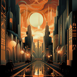 A reflective geometrical street leads to two emposing enormous skycrapers that surround two suns in the city , retro-vintage design like 1920's architecture style, art-deco.