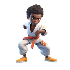 Wall Mural - 3D Render of an Afro-American Karate Kid on White Background