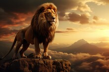 King Lion On A Throne In A Crown, Isolated Background, Majestic Lion