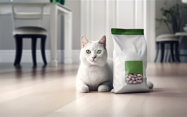 Wall Mural - White cat sitting next to cat food package in apartment, generative ai