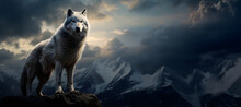 Photo Of A Majestic Lone Wolf Standing Proudly On Top Of A Mountain Peak