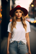 Portrait Of A Beautiful Woman Model In A Stylish Red Hat And Blank White Tshirt Mockup Template, Street Fashion Photography