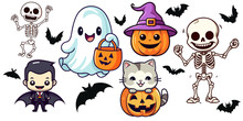 Cute Funny Halloween Set Collection: Vampire, Dracula, Skeleton, Skull, Cat, Pumpkin, Witch Hat, Bat  Silhouette. Vector Illustration For Halloween. Halloween Party For Kids  - Transparent Background
