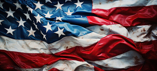 Close up of American flag with blood stains, Veterans Day war concept, wide banner