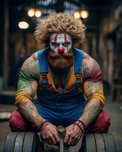 A Muscular Clown Defies Expectations, Embodying A Fusion Of Fitness And An Active Lifestyle. Fitness Clown In A Captivating Image Of Strength And Entertainment.