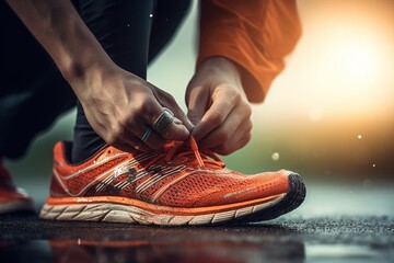 Wall Mural - Close-up hands lacing laces up in sneakers