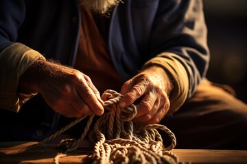Aufkleber - Men's hands close-up weaving net of rope. Fishing craft