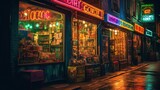 Fototapeta Uliczki - Enchanting Night Scene: Vibrant City Streets Transformed into Lively Shopping Destination with Unforgettable Festive Atmosphere, generative AI