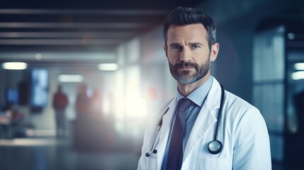 Wall Mural - Professional doctor stands at hospital, smiling at the camera.