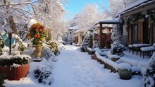 Houses And Their Gardens Under Snow In Winter. Garden Of Villa Homes Covered With Snow 8k,