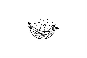 Wall Mural - natural bird's nest icon logo with beautiful roots and leaves symbols.