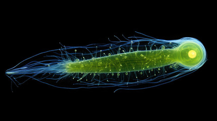 A closeup of a Euglena reveals its pearshaped body with a long wavy flagella tail extending out on one end. Its body is composed of small translucent cells filled