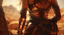 The Buckles On Her Leather Armor Glint In The Sunlight Her Curved Sword Reflecting Its Radiance Atop Her Hip. Her Tankard Hangs From Its Leather S Beside A Leather Satchel