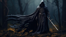 Dd In The Shadows Of A Darkened Landscape The Necrolytes Back Is A Menacing Sight To Behold. His Hooded Skeletal Figure Is Clad In A Spiked Plate Mail With A Long Black Cloak