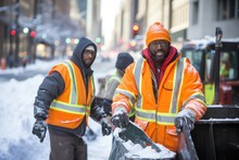 Diverse And Mixed Group Of Male Sanitation Workers Working For A Sanitation Company In The City During Winter And Snow