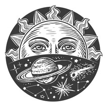 Sun With Face And Stars In Space. Monochrome Celestial Print. Boho Style Design Engraving Vintage Illustration