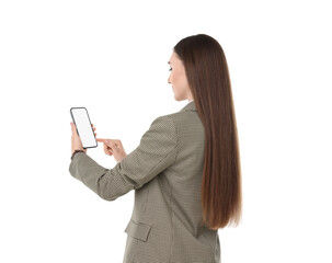 Woman using smartphone with blank screen on white background