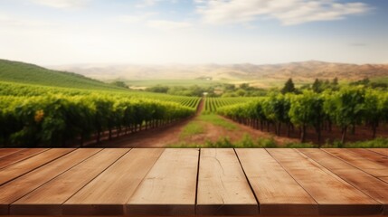 Empty wooden table product display blurred vineyard background
