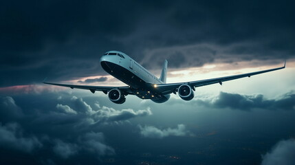 Wall Mural -  airplain fly on  cloudy sky   at starry night  big moon , below city blurred light