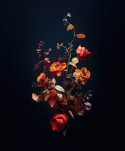Beautiful Bouquet Of Dried Flowers On A Deep Black Background — Unique Artisanal Handmade Florist Minimalist Aesthetic